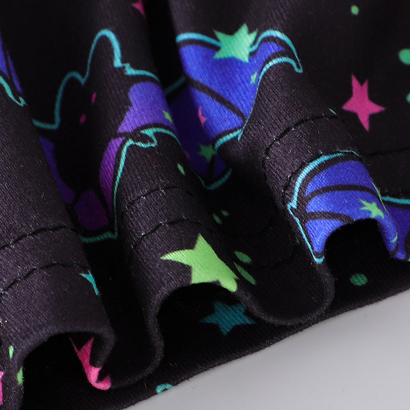 3pcs Toddler Girl's Halloween Skull Ghost Bats Print Stretch Long Sleeve A-line Dresses