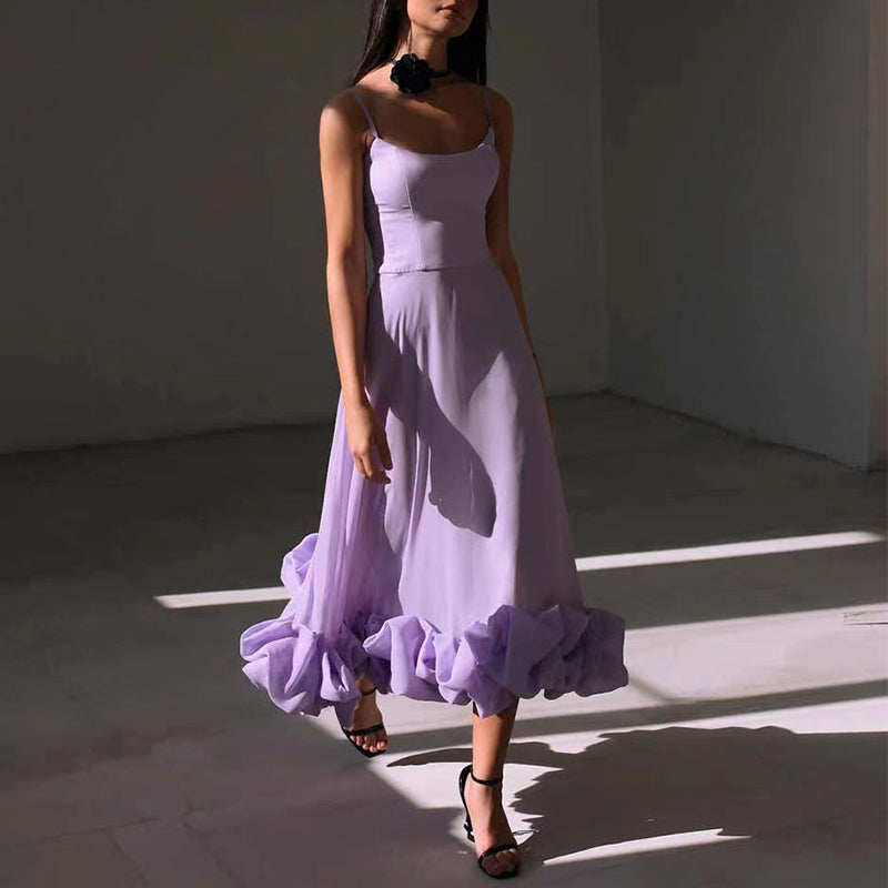 Lavender A-line dress with spaghetti straps and 3D flower hem ruffle