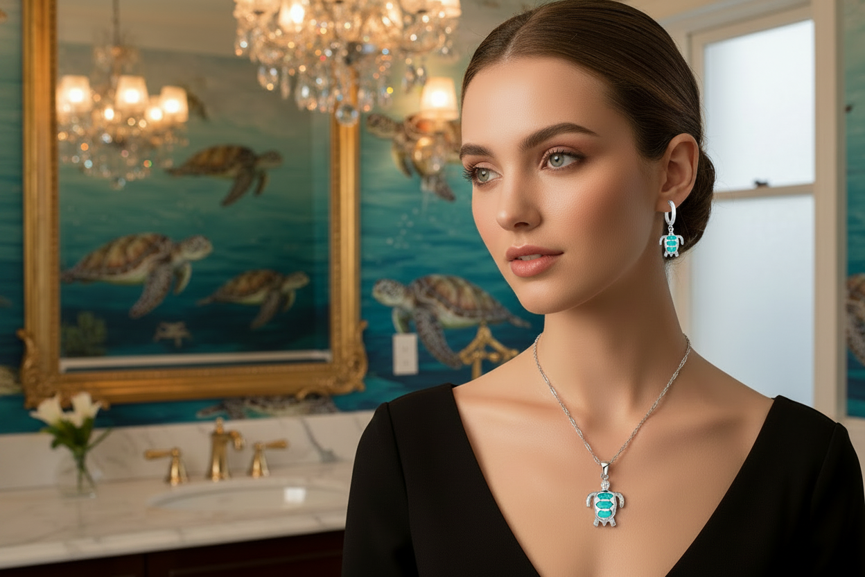 Turtle pendant necklace set with turquoise charm pendant and matching drop earrings