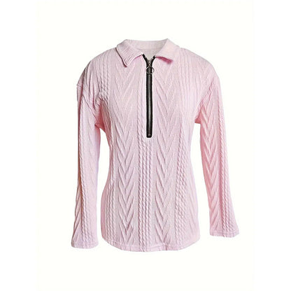 Women's Solid Color Textured Zip-Up Collared Long Sleeve Top - Casual Blouse With Stretchy Comfort Fit