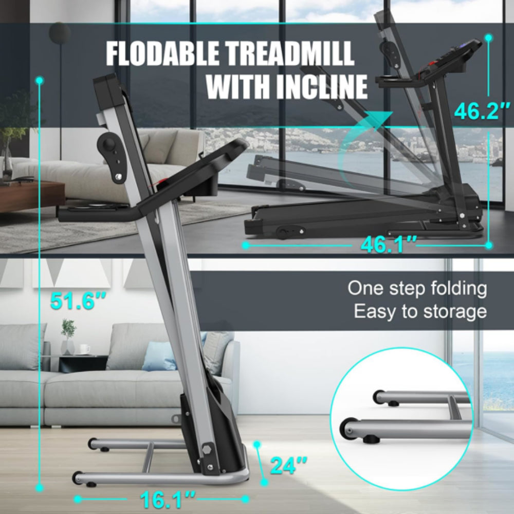 Foldable treadmill with incline feature, black deck and gray frame with folding legs