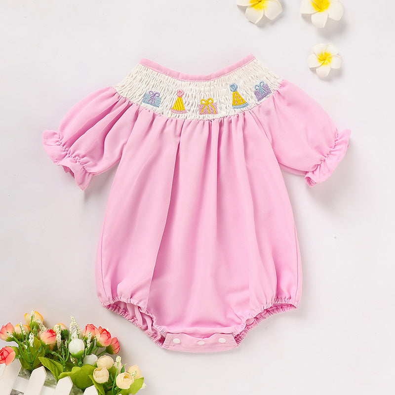 Infant Girls' Cute Birthday Smocked Bubble Romper Short Sleeves Crew Neck Cartoon Embroidery Princess Party Bodysuit