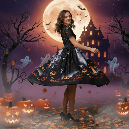 Halloween Party Lace Patchwork Positioning Print Short Sleeve Swing Dress