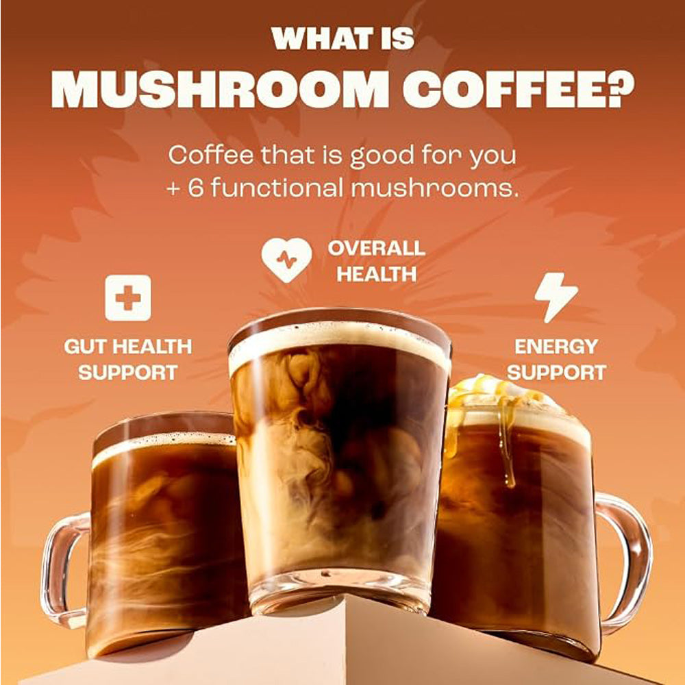 Mushroom coffee infographic with steaming cups and what is mushroom coffee heading