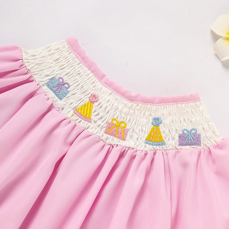 Infant Girls' Cute Birthday Smocked Bubble Romper Short Sleeves Crew Neck Cartoon Embroidery Princess Party Bodysuit