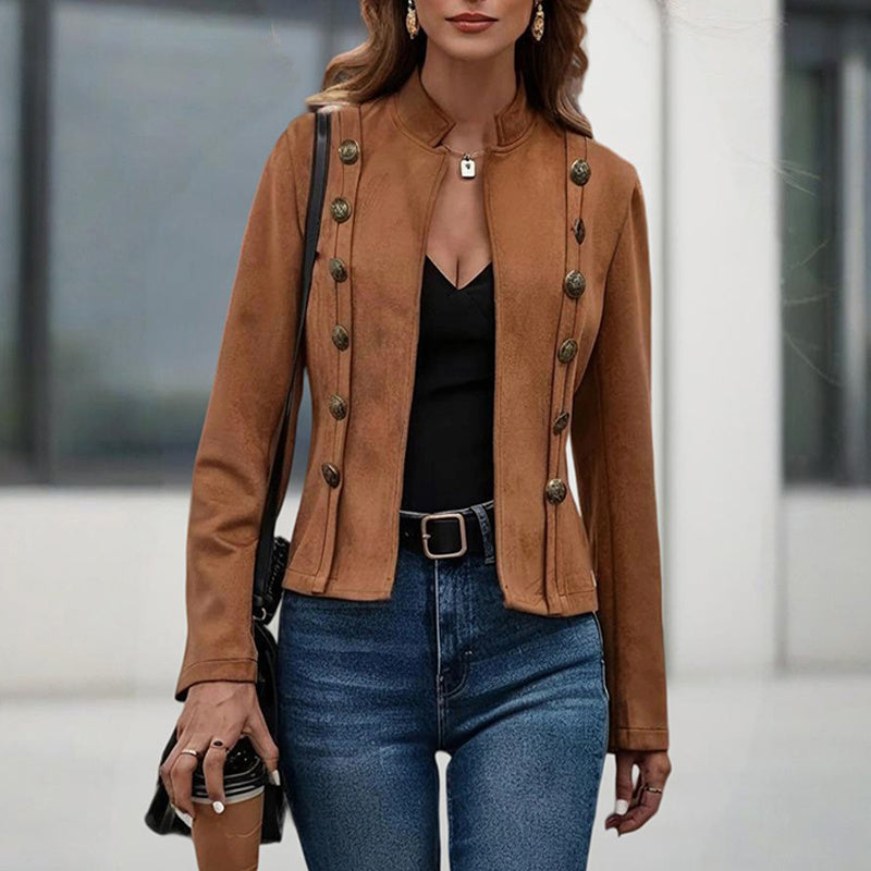 Women's Stand Collar Double-Breasted Jacket - Solid Color Long Sleeve Streetwear Coat Lightweight