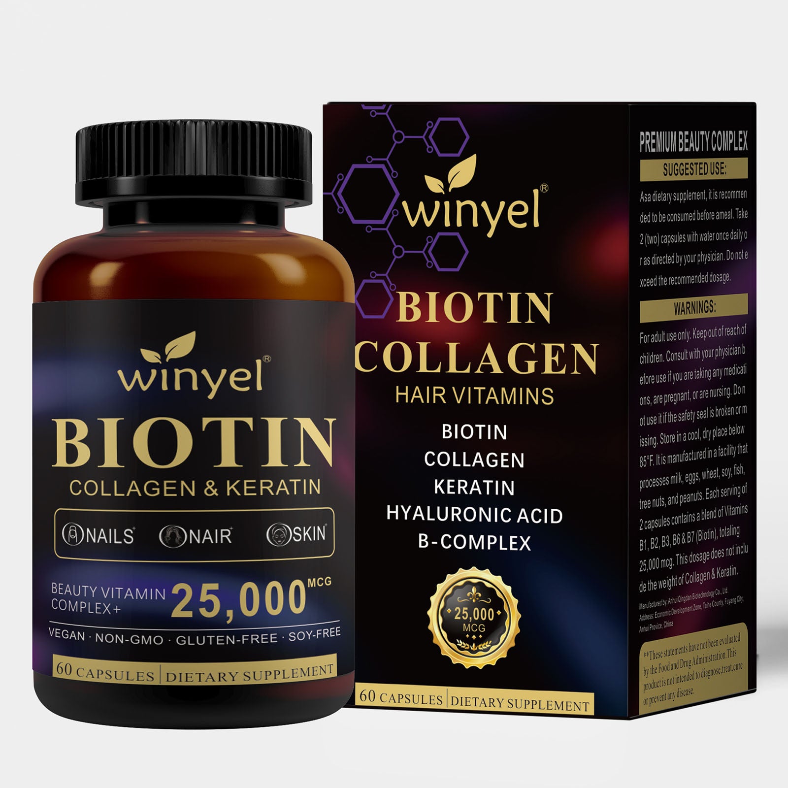 Winyel biotin collagen hair vitamins supplement bottle with boxed packaging