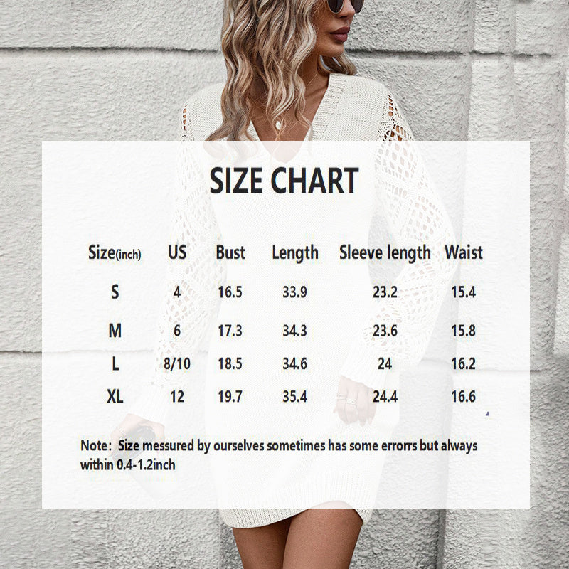 Elegant Women's Solid Color V-Neck Knit Dress - Long Sleeve Lace Cut-Out Design, Comfortable Dress For Spring&Fall