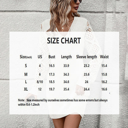 Elegant Women's Solid Color V-Neck Knit Dress - Long Sleeve Lace Cut-Out Design, Comfortable Dress For Spring&Fall
