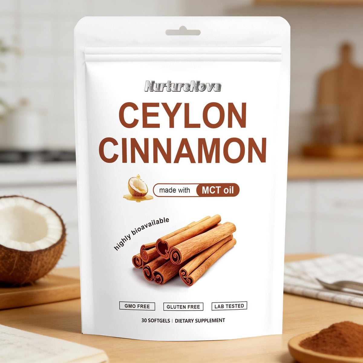 NatureNova Ceylon Cinnamon softgel pouch standing with cinnamon stick graphic