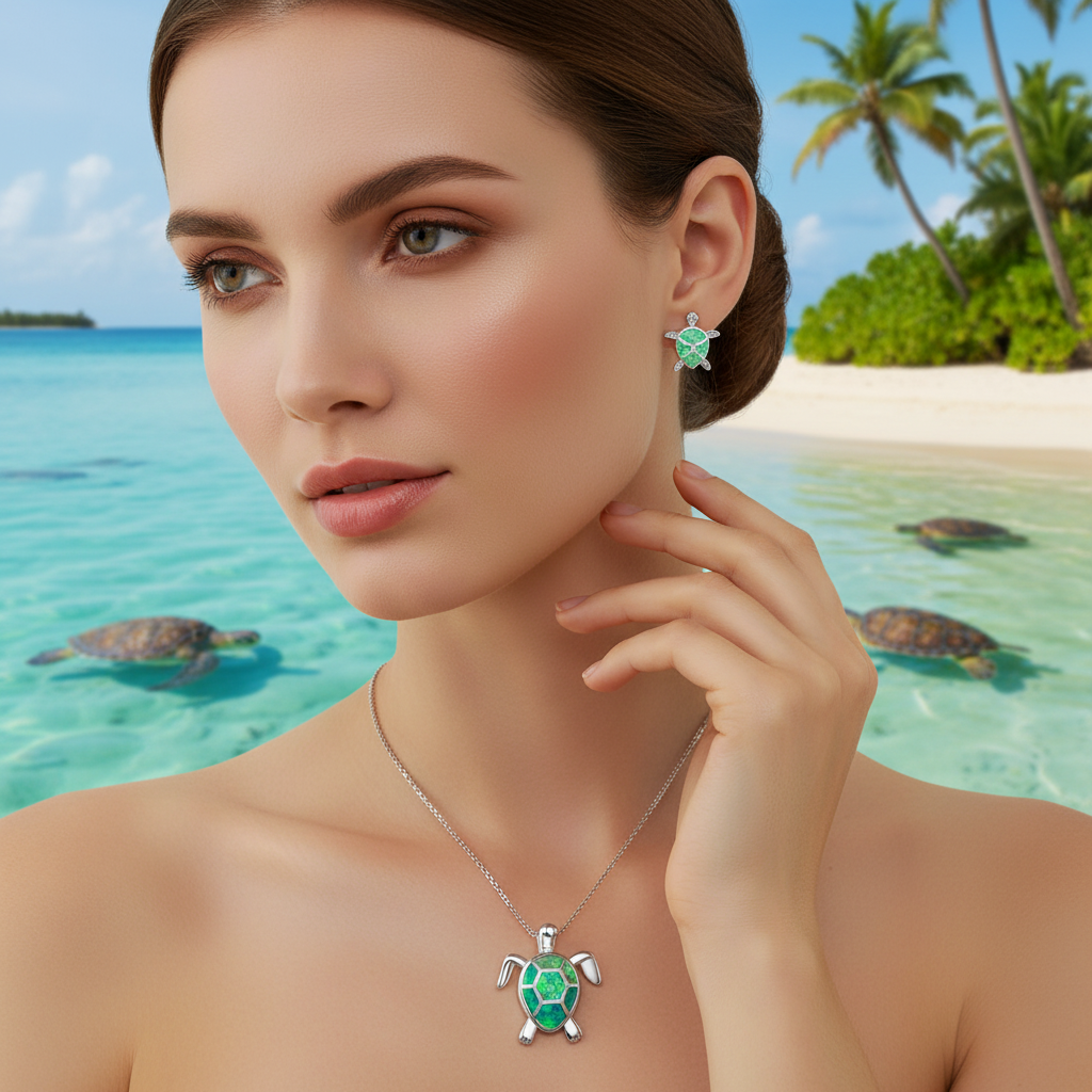 Turtle charm pendant necklace with green turtle stud earrings set