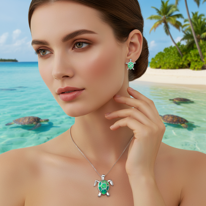Turtle charm pendant necklace with green turtle stud earrings set