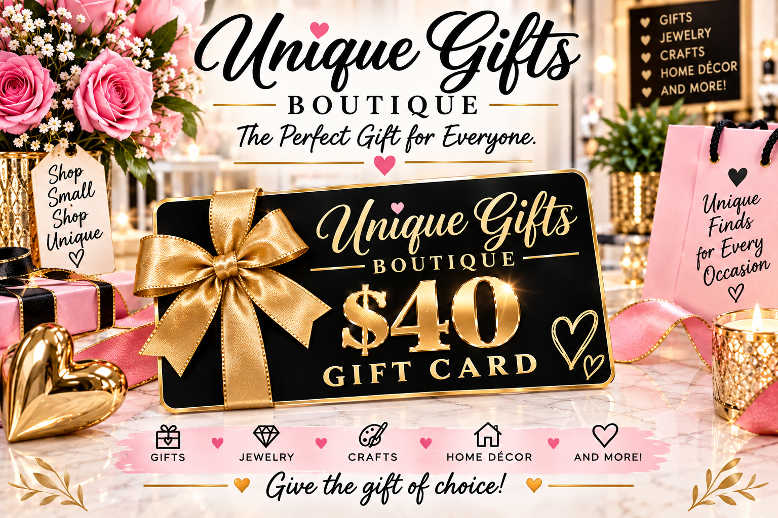 Unique Gifts Boutique gift card showing $40 and gold ribbon bow on black