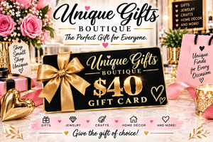 Unique Gifts Boutique gift card showing $40 and gold ribbon bow on black