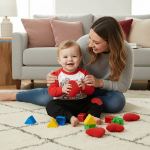 Baby boy long-sleeve graphic shirt with red raglan sleeves and black heart-print pants