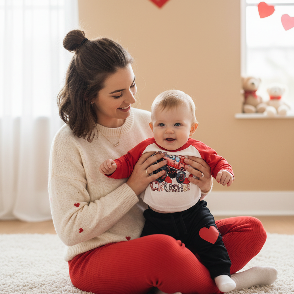 2pcs Baby Boy's 'Heart Crusher' Print Valentine's Day Set, Long Sleeve T Shirt Top & Black Heart Print Pants