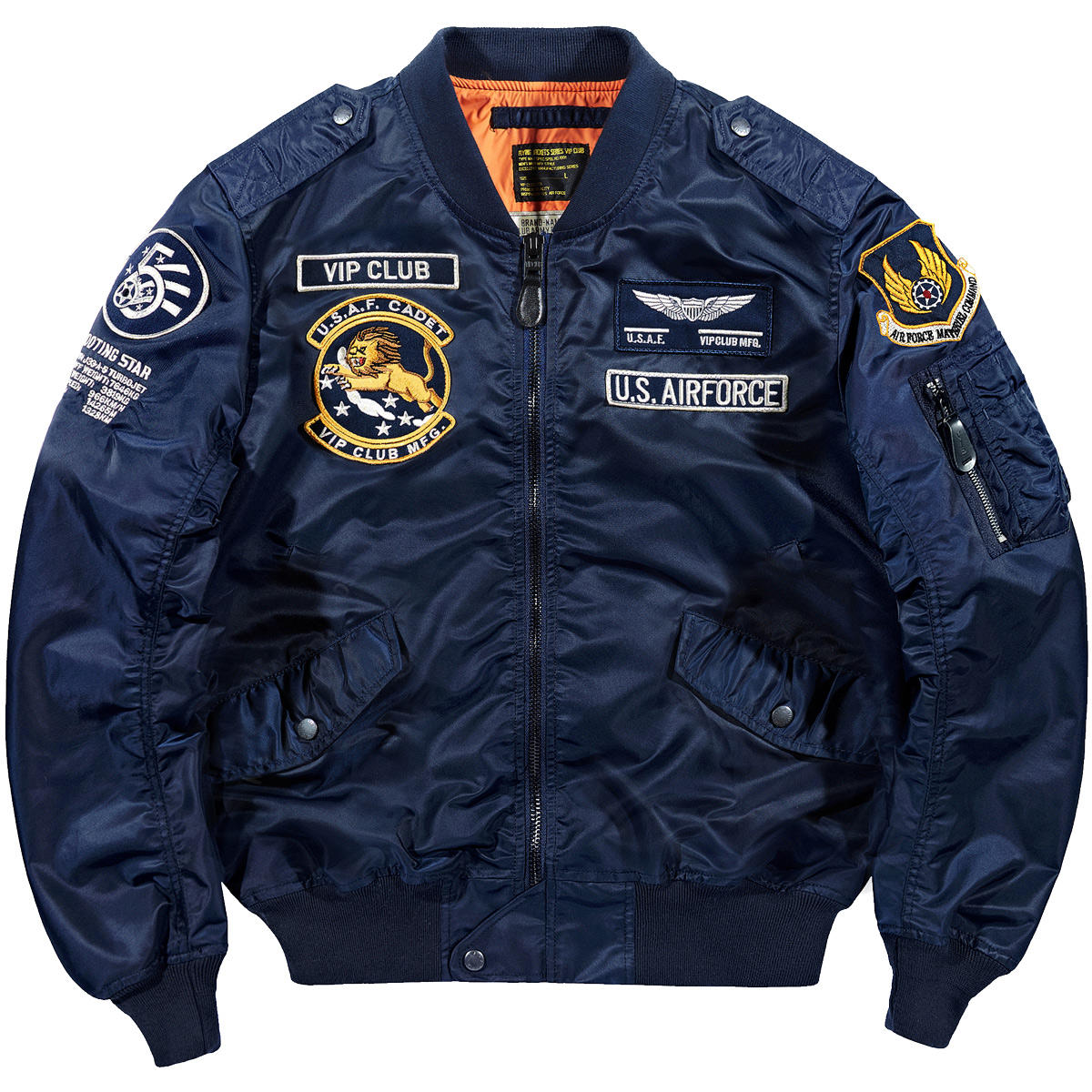 Navy bomber jacket with front zipper, badge patches, and side pockets