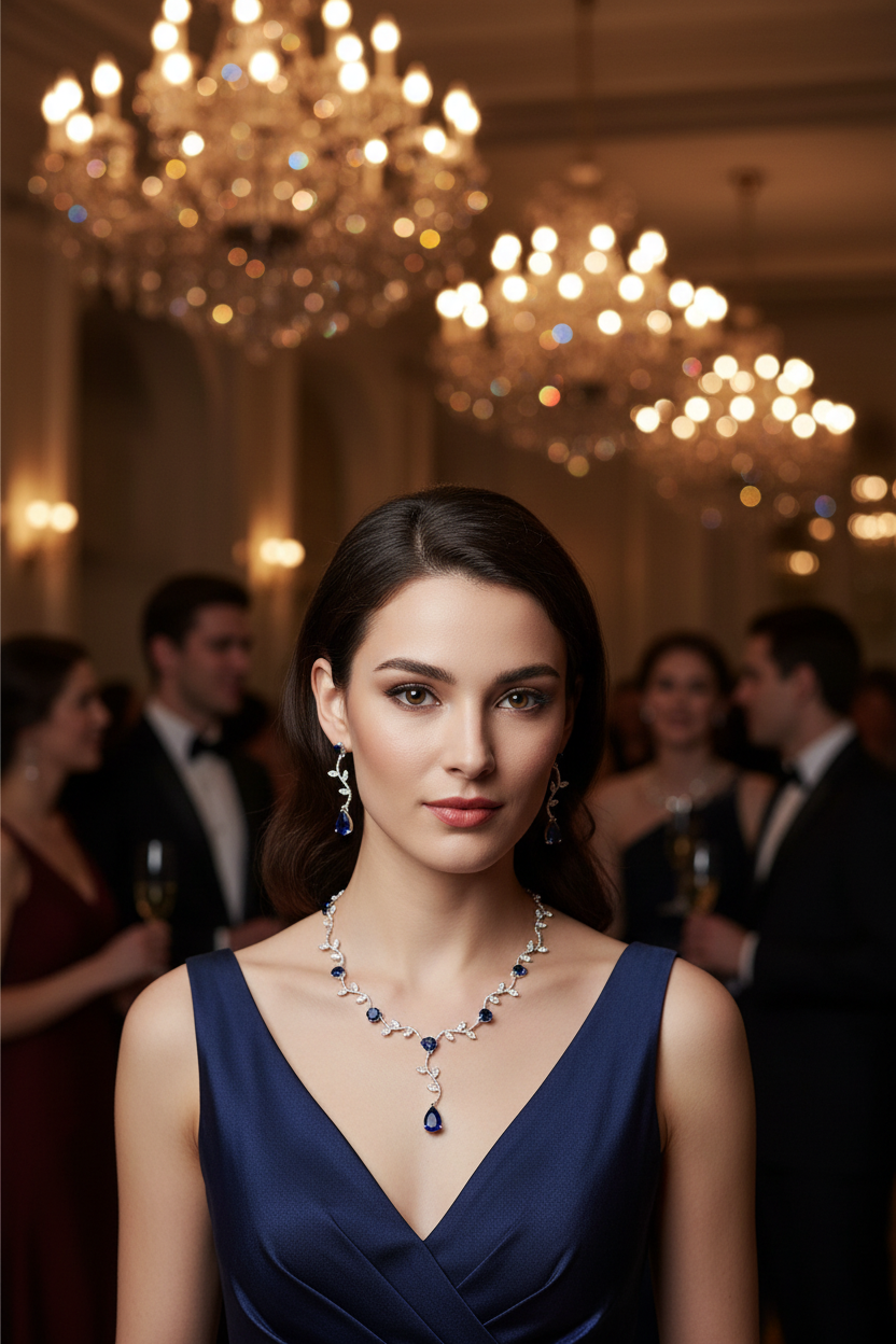 Blue zircon necklace and drop earring set with curved teardrop gemstone links