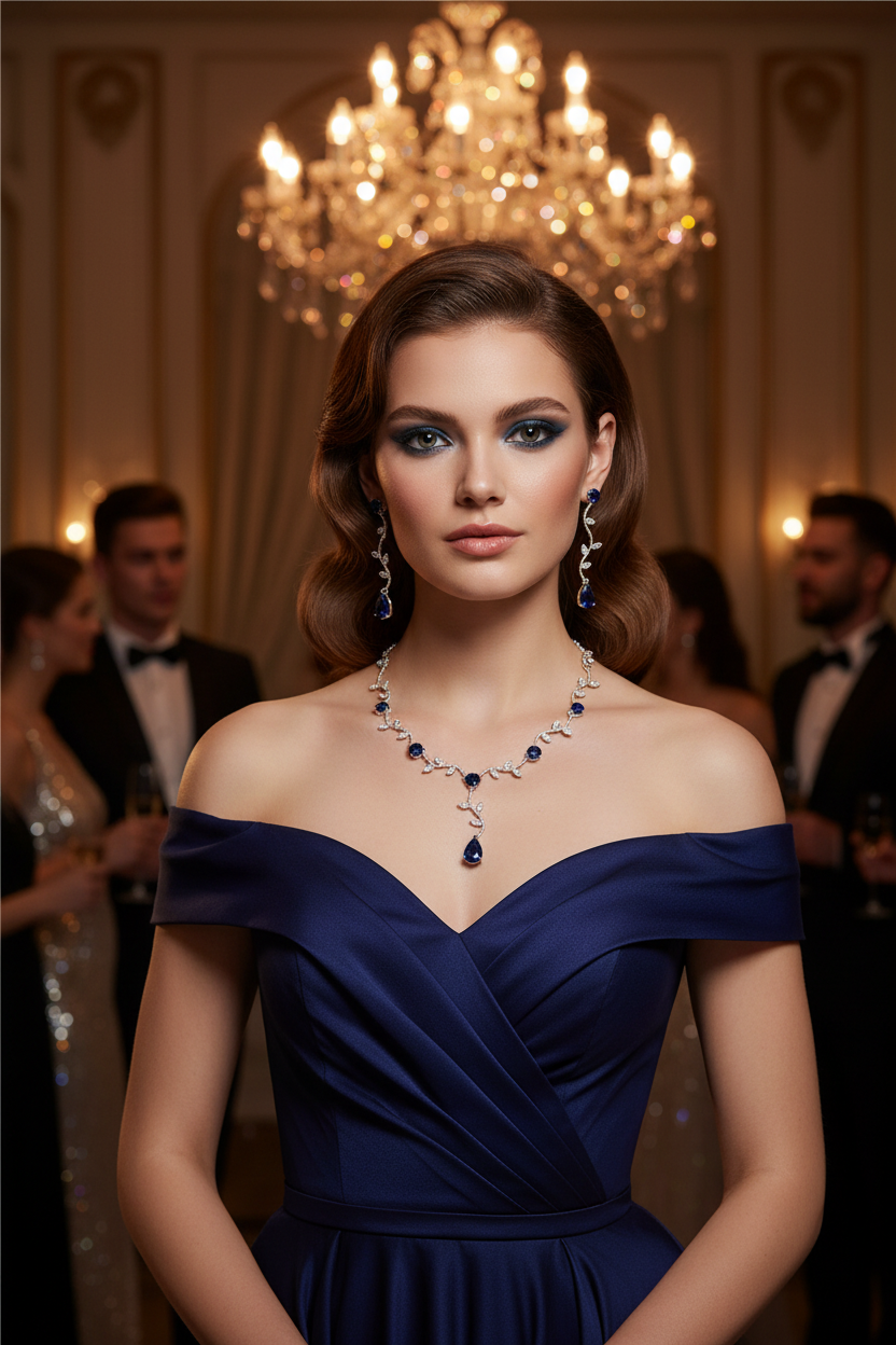 Blue zircon necklace and drop earring set with teardrop stones