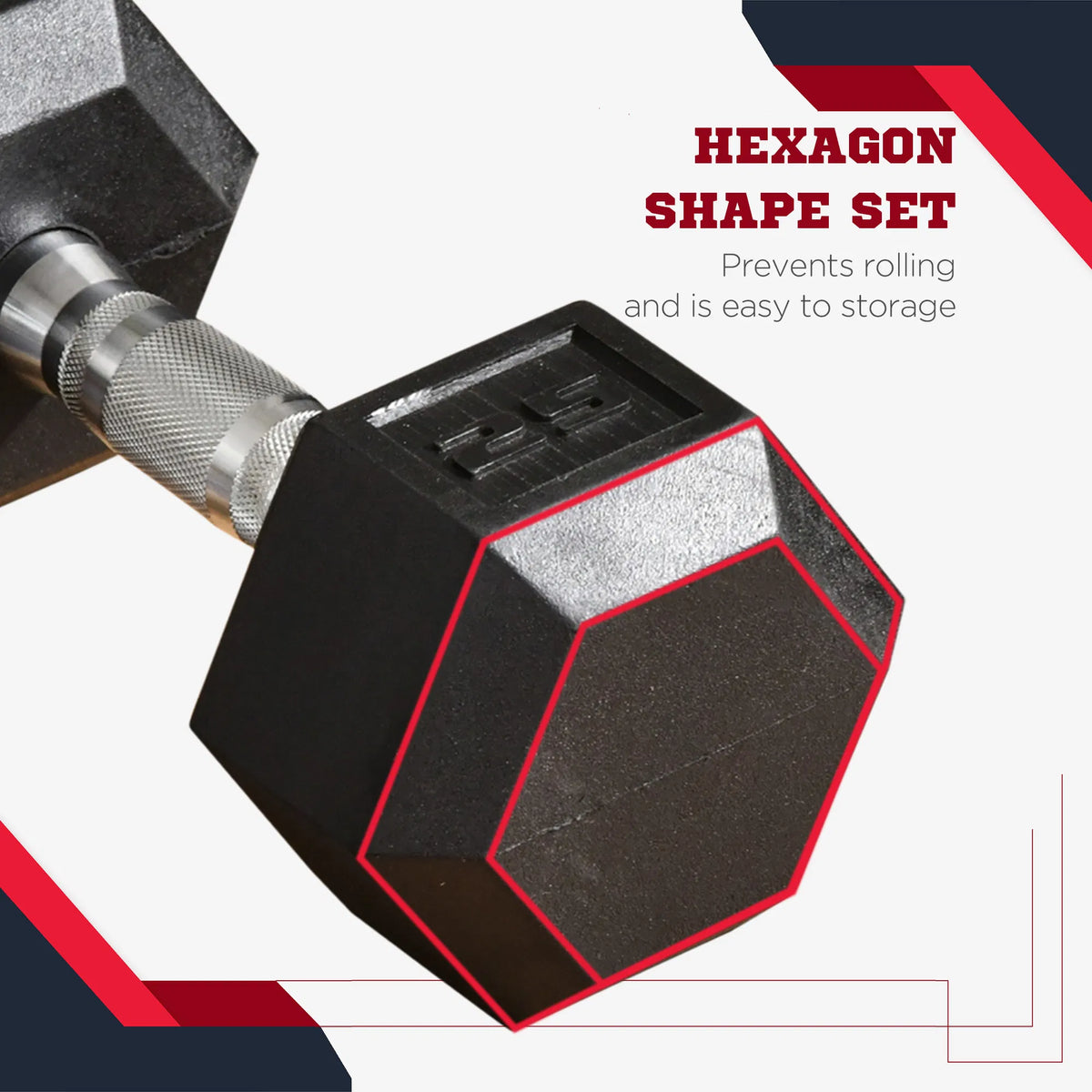 Black hex dumbbell with knurled handle and anti-roll design, rubber-coated