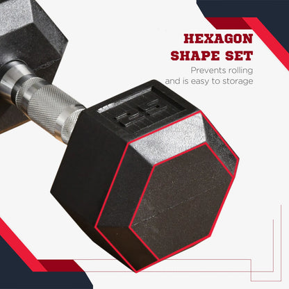 Black hex dumbbell with knurled handle and anti-roll design, rubber-coated