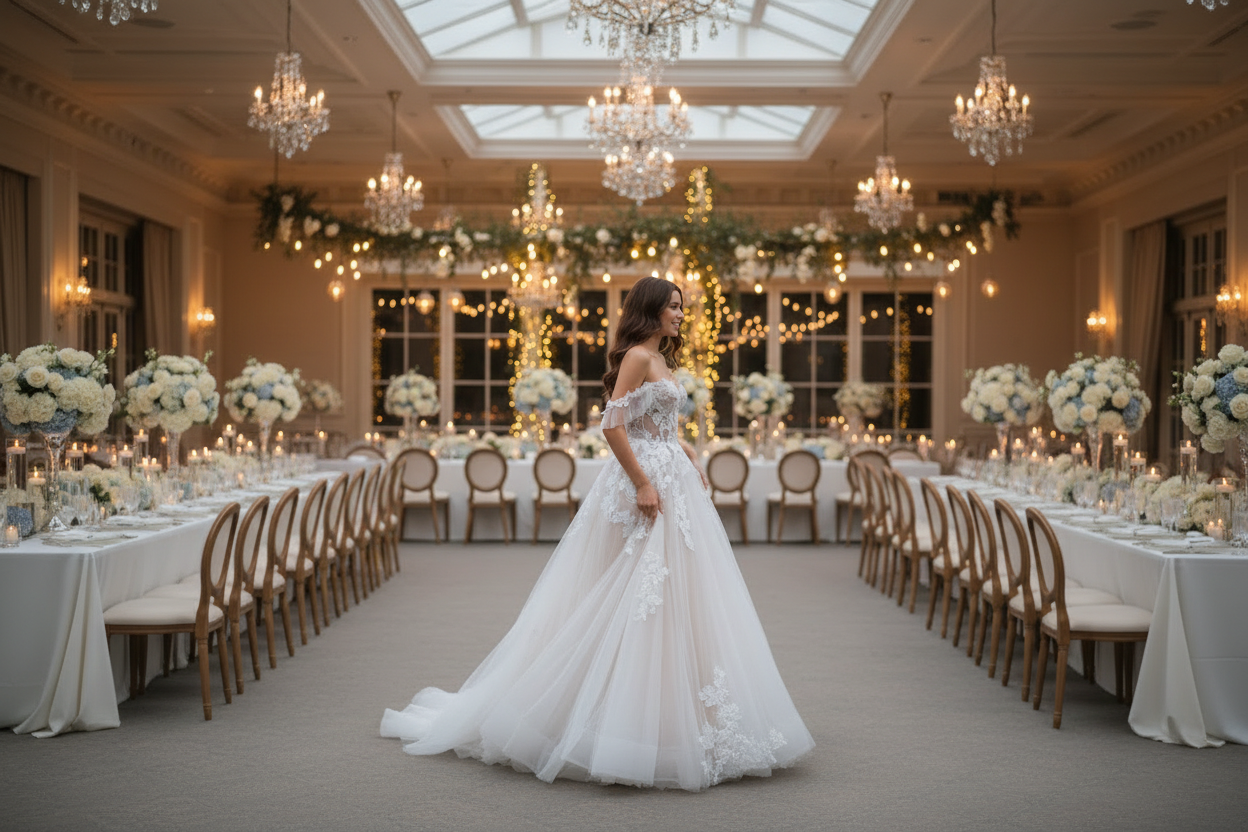 Strapless lace wedding gown with fitted bodice and full skirt with trailing train