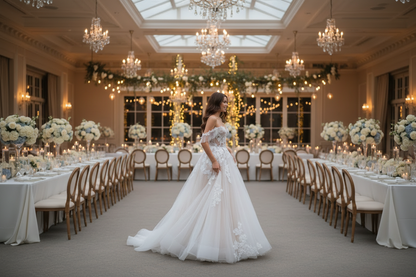Strapless lace wedding gown with fitted bodice and full skirt with trailing train
