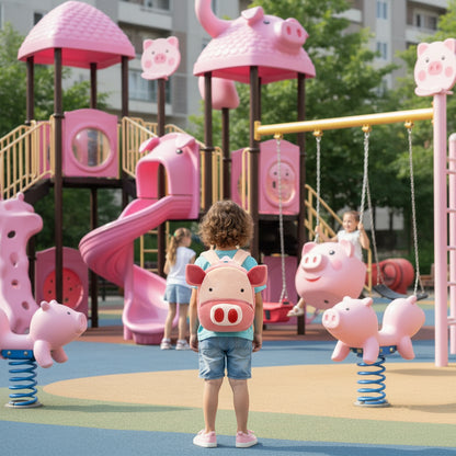 Pink plush pig-face backpack with rounded hood and front pocket, backpack straps