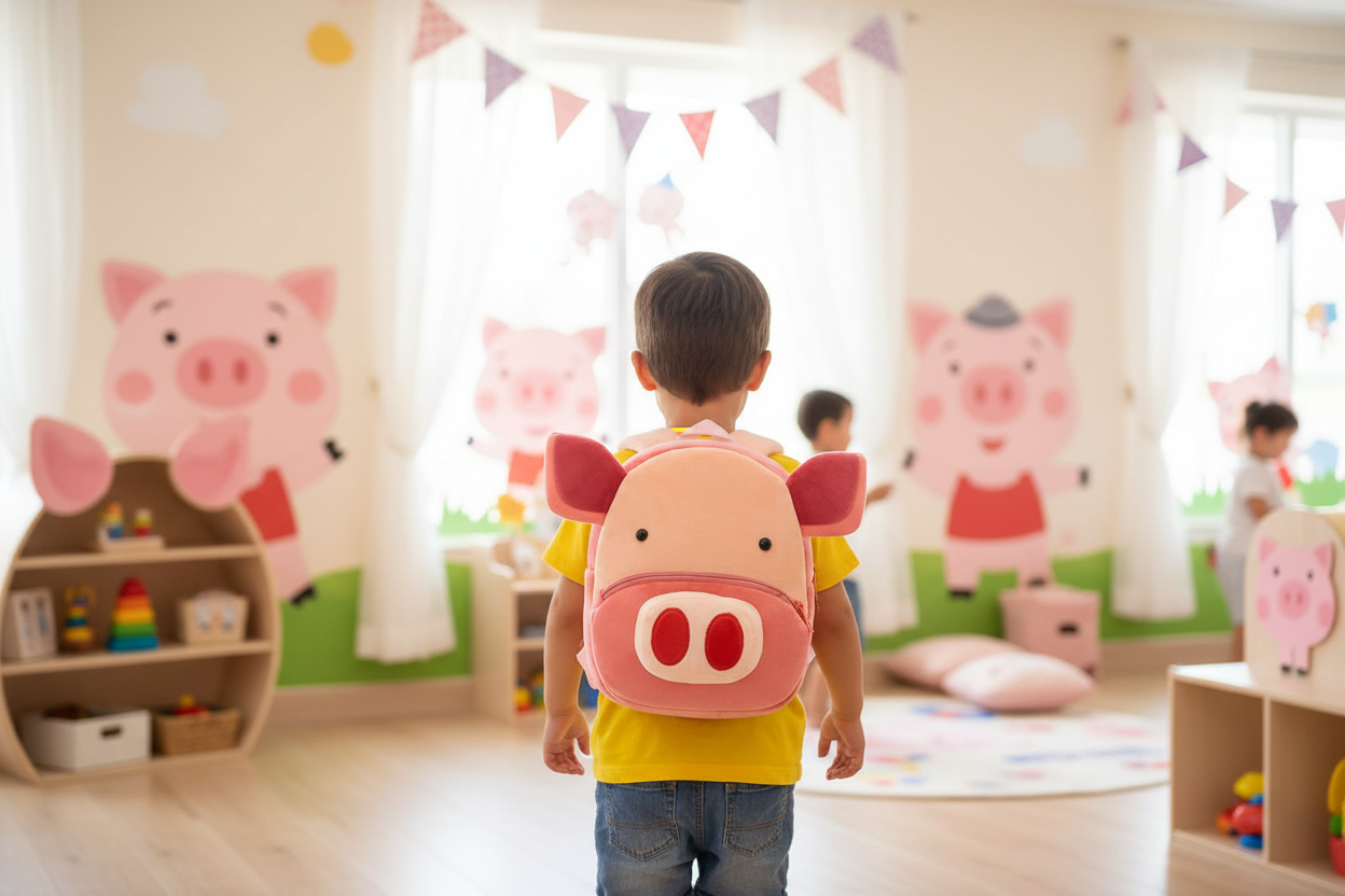 Plush pig backpack with pink face, snout and ears, padded back for children
