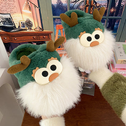Cute Cartoon Christmas Deer Cotton Winter Slippers Half-covered Heel Plush Shoes