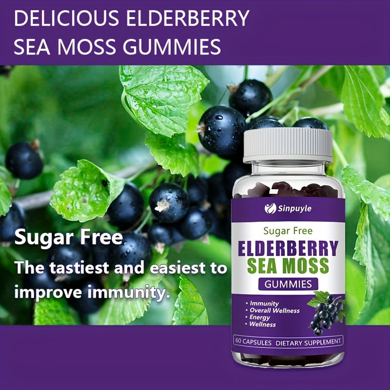Sugar-free elderberry sea moss gummies bottle beside berry leaves, purple label, Sinpuyile.