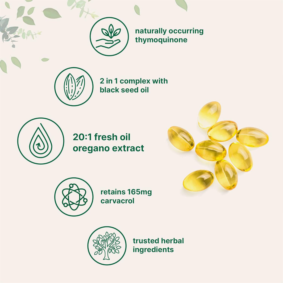 Yellow oregano oil softgels with black seed oil shown with icons