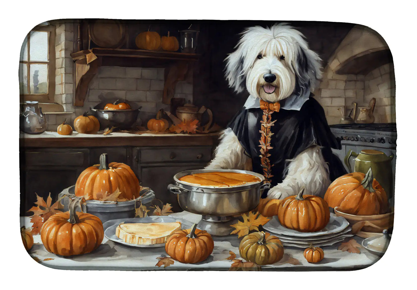 Old English Sheepdog Fall Kitchen Pumpkins Dish Drying Mat