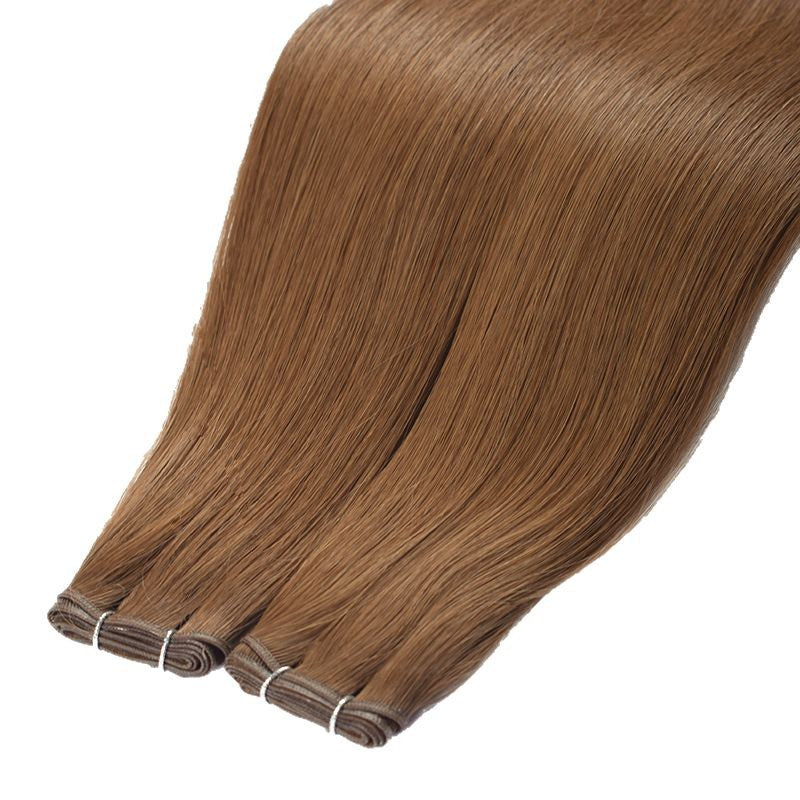 Straight real hair extension weft, medium brown strands with stitched ends