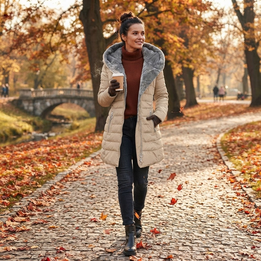 Hooded quilted puffer jacket, light gray, faux-fur hood trim and long sleeves.