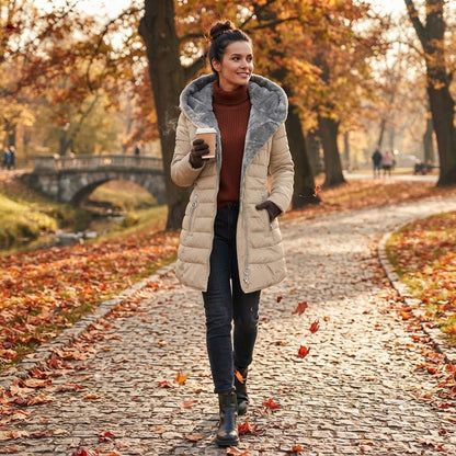 Hooded quilted puffer jacket, light gray, faux-fur hood trim and long sleeves.