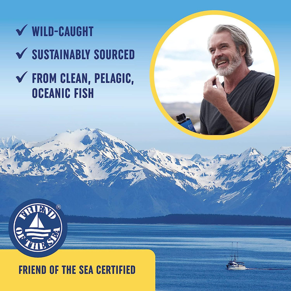 Omega-3 supplement promotional panel with checkmarks and man photo circle