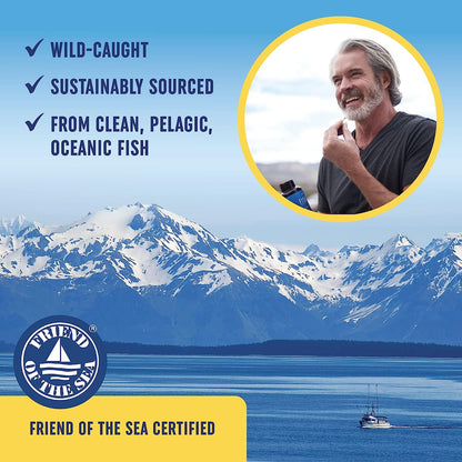 Omega-3 supplement promotional panel with checkmarks and man photo circle