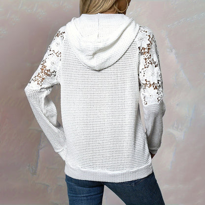 Women's Solid Color Casual Sweatshirt With Lace-Trimmed Sheer Sleeves & Large Lace Pockets, Pullover Hoodie