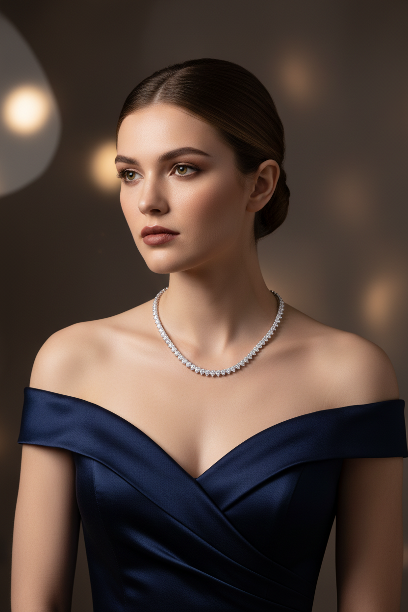 Silver S925 necklace with pavé stones, centered on the collarbone