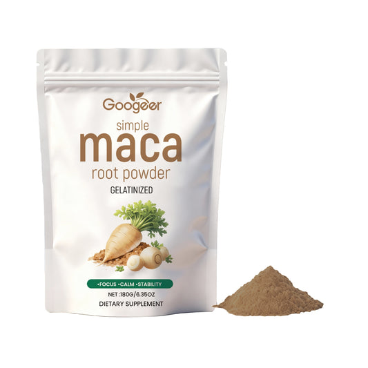 Googeer simple maca root powder supplement pouch with maca powder scoop, 180g