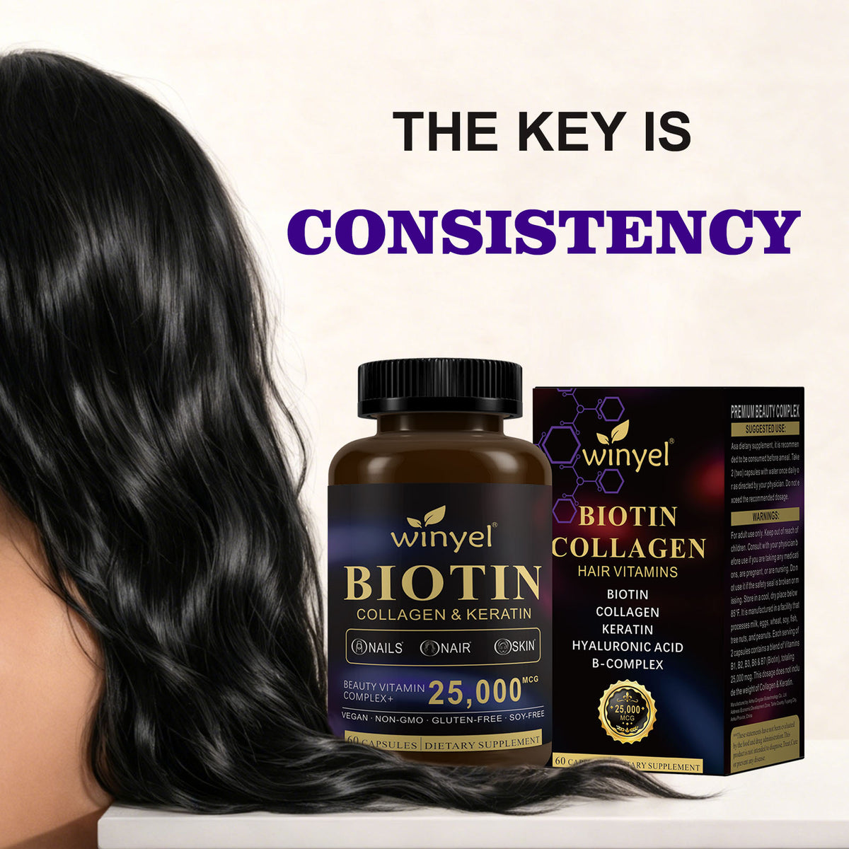 Winyel biotin collagen keratin supplement bottle with box and dark hair