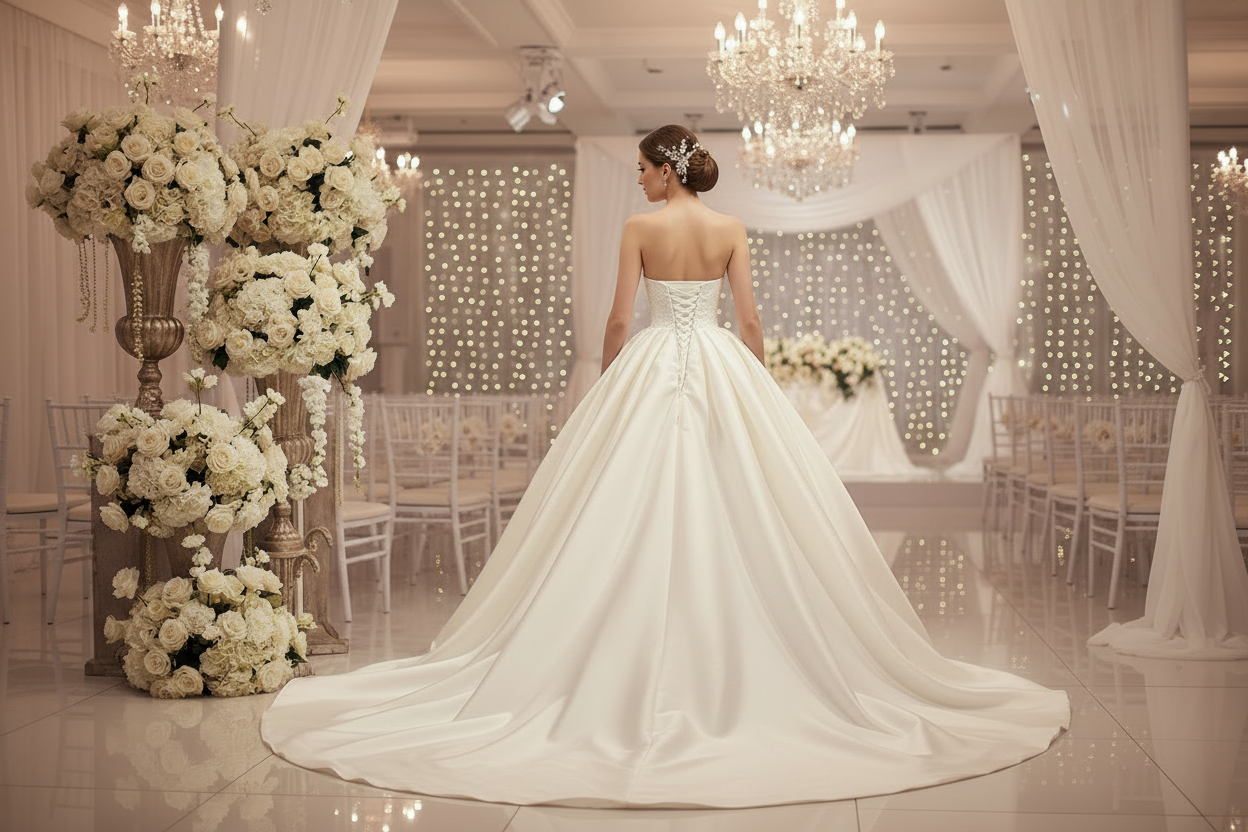 White back view of lace fishtail wedding dress with corset-style seams and long train