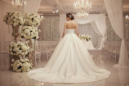 White back view of lace fishtail wedding dress with corset-style seams and long train
