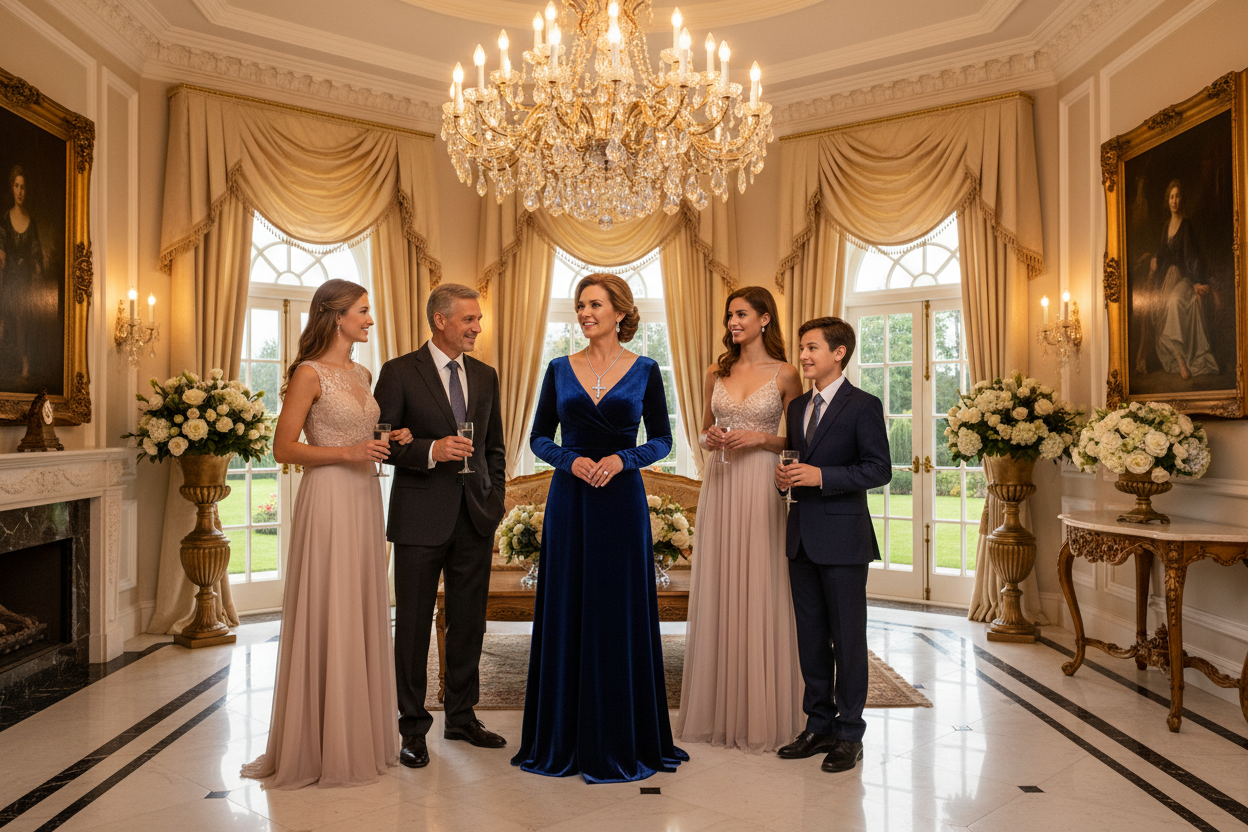 Silver cross pendant necklace worn on a woman in a dark blue gown during a gathering