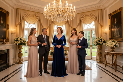 Silver cross pendant necklace worn on a woman in a dark blue gown during a gathering