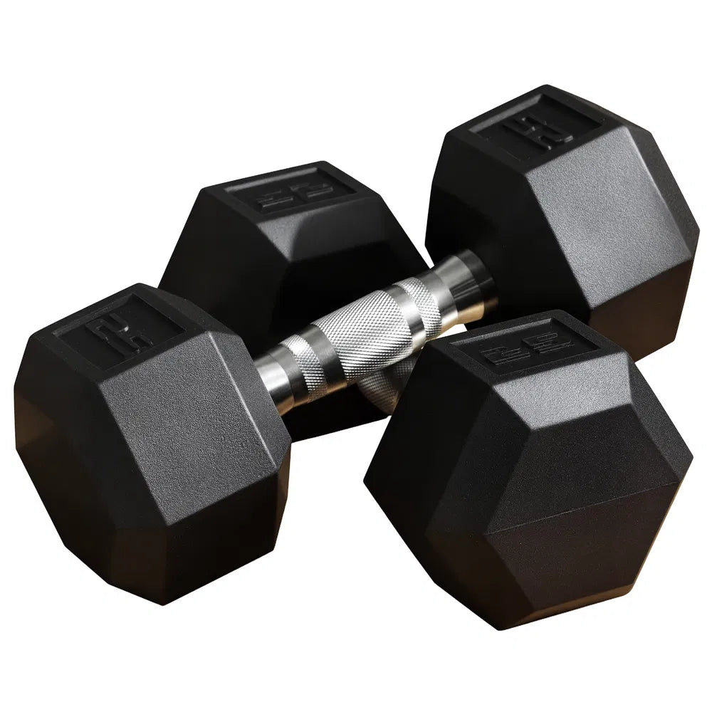 Rubber-coated hex dumbbell set with knurled steel handle, black pair