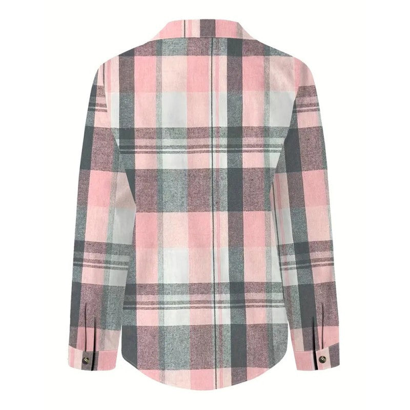 Women's Casual Plaid Long Sleeve Shirt - Button-Down Top With Chest Pocket, Classic Lapel Collar Wear