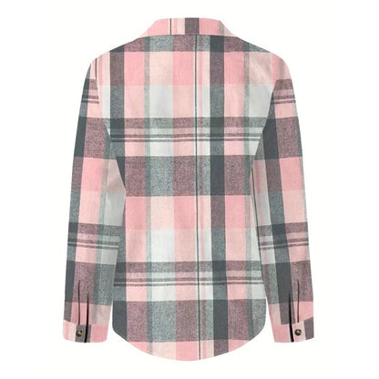 Women's Casual Plaid Long Sleeve Shirt - Button-Down Top With Chest Pocket, Classic Lapel Collar Wear
