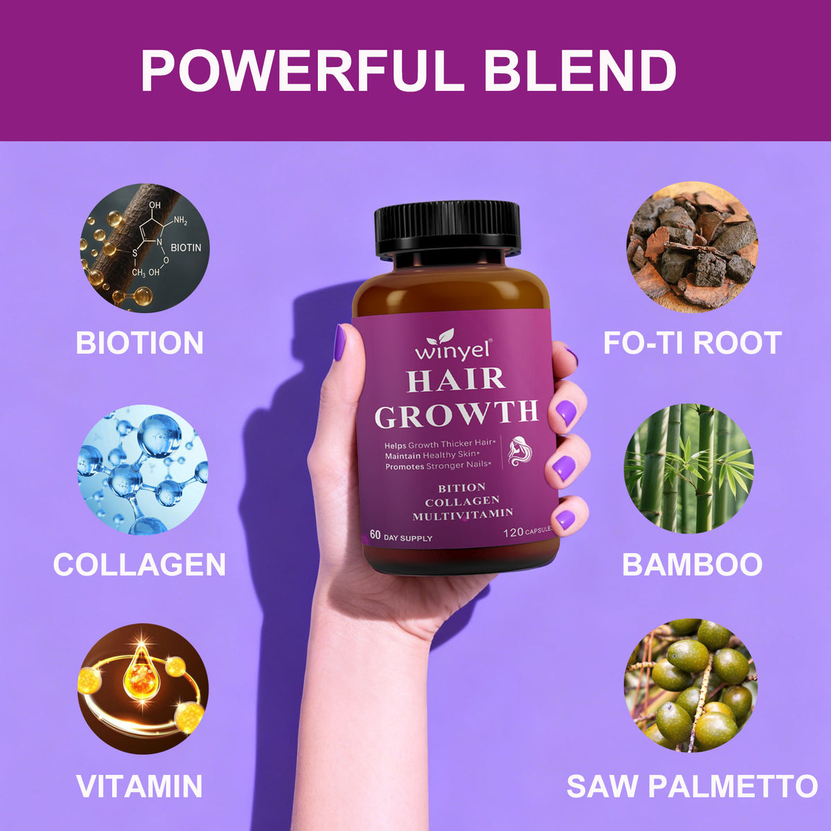 Hair growth supplement bottle in hand, amber bottle with black cap and purple label